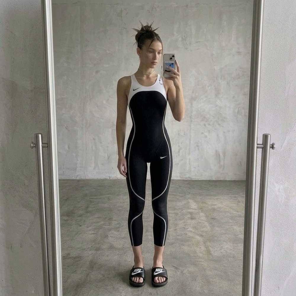 VTG Rare Nike Olympic Bodysuit Women XS Black‎ Technical Swimskin Cybercore